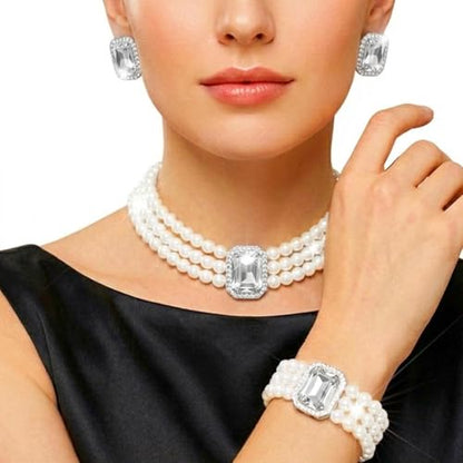 Brishow Pearl Necklace Jewelry Set Wedding Pearls Earrings Necklaces Set Bridal Crystal Bracelet Jewelry for Women (Pack of 3) - color: Silver, size: 3 Layered