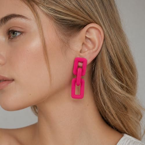 Chunky Chain Earrings for Women, Hot Pink Geometric Link Drop Earrings Statement Acrylic Dangle Jewelry Trendy Fashion for Party Daily Wear