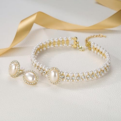 BriLove 1920s Costume Jewelry Set for Women,Vintage Multilayer Simulated Pearl Crystal Necklace Bracelet Earrings Cosplay Party Accessories - style: 2pcs Clip-On