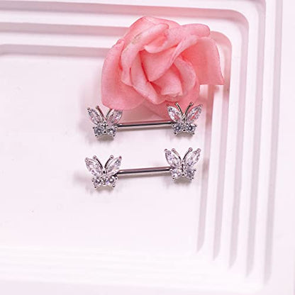 VERAMI 14G Stainless Steel Heart Nipple Rings and Barbell - Butterfly, Starlight Acrylic Ball, Tongue Rings for Women and Men - color: CZ-BUTTERFLY