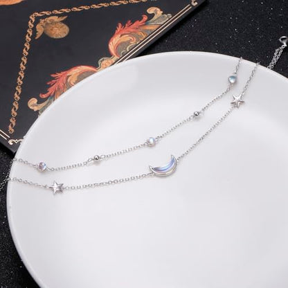 Anklets for Women 925 Sterling Silver Blue Evil Eye Infinity Butterfly Adjustable Multilayer Layered Summer Beach Ankle Bracelet Foot Chain Jewelry for Women - style: Moon & Star