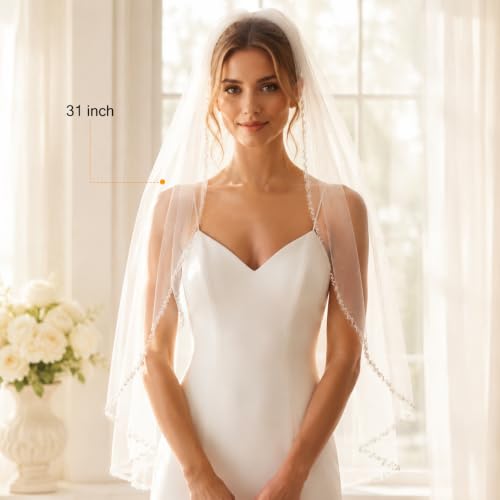 Wedding Veil 1 Tier Fingertip Length Wedding Bridal Veil with Comb Pearls Crystals Beaded Edge