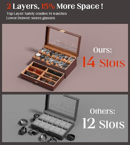Watch Case Box for Men – 14 Slots Watch Display Organizer with 6-Compartment Eyeglasses Storage, Real Glass Lid 2-Layer PU Leather Collection Holder Gift for Loved Ones Brown - size: 14 Slots, Brown