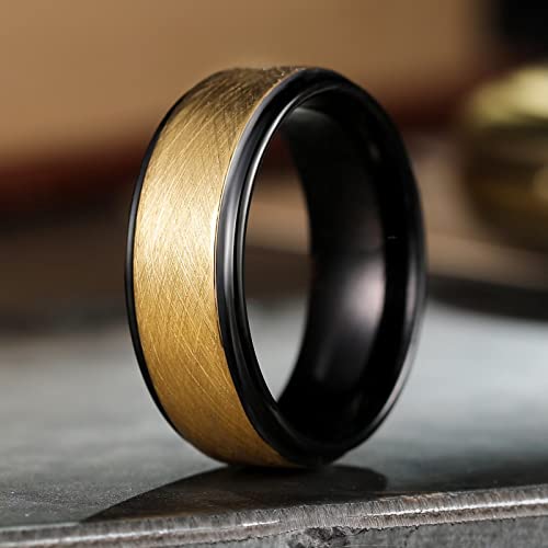 King Will Classic Tungsten Carbide Ring Brushed Two Grooved Center Hammered Design Mens Wedding Band for Men | Black/Silver/Gold, 8mm, Men's Wedding Band, Grooved, Comfort Fit, Everyday Wear - color: C-Gold&Black 8mm