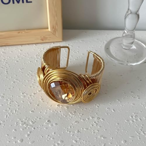 Chunky Cuff Bracelets for Women Wide Gold/Silver Cuffs Bangle Hollow Out Adjustable Bracelets Punk Vintage Jewelry - style: Gold Crystal