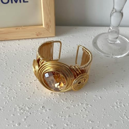 Chunky Cuff Bracelets for Women Wide Gold/Silver Cuffs Bangle Hollow Out Adjustable Bracelets Punk Vintage Jewelry - style: Gold Crystal