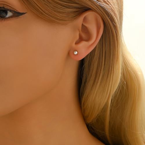 Pearl Stud Earrings for Women Gold/Silver Plated 3mm 4mm 5mm 6mm 8mm Pearl Earrings Dainty Hypoallergenic Earrings - color: White Gold, size: 4 Millimeters