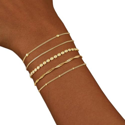 Gold Bracelets for Women, 14K Gold Plated Stackable Bracelet Set, Adjustable Charm Layered Jewelry Paperclip Chain Cuban Link Waterproof Bracelets Gifts