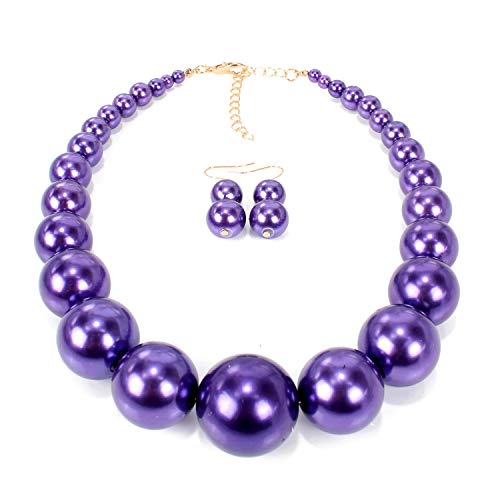 Large Style Big Imitate Pearl Strand Choker Necklace With Earrings Set - color: purple