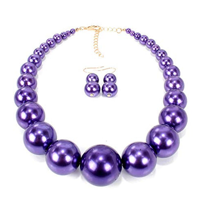 Large Style Big Imitate Pearl Strand Choker Necklace With Earrings Set - color: purple