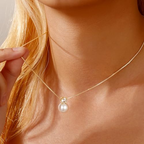 Ritach Pearl Necklaces for Women - Real Gold Plated Dainty Pearl Necklace Daisy Round Drop Pearl Choker Necklace Layered Gold Necklace for Women Teen Girls Bridesmaid Wedding Birthday Gifts - style: Gold-CZ Round Pearl
