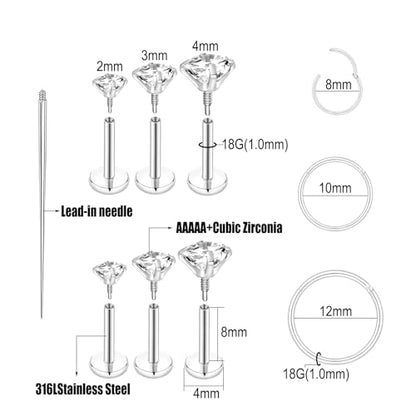 16G 18G Surgical Steel Internal Thread Stud Piercing Jewelry Set Nose Medusa Lip Labret Stud Hypoallergenic Clicker Hoop Septum Rings Cartilage Tragus Helix Conch Earrings for Women Men - color: 18G-8mm-silver