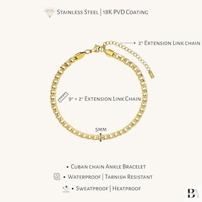 Stainless Steel Chain Ankle Bracelet for Women Adjustable Waterproof Anklet - color: Gold / 5mm Cuban