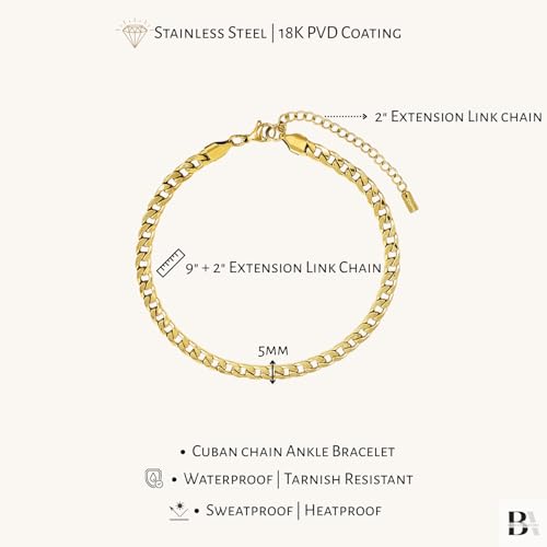 Stainless Steel Chain Ankle Bracelet for Women Adjustable Waterproof Anklet - color: Gold / 5mm Cuban