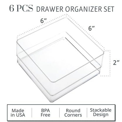 STORi SimpleSort 6-Piece Stackable Clear Drawer Organizer Set | 6" x 6" x 2" Square Trays | Small Makeup Vanity Storage Bins and Office Desk Drawer Dividers | Made in USA - size: 6x6x2"
