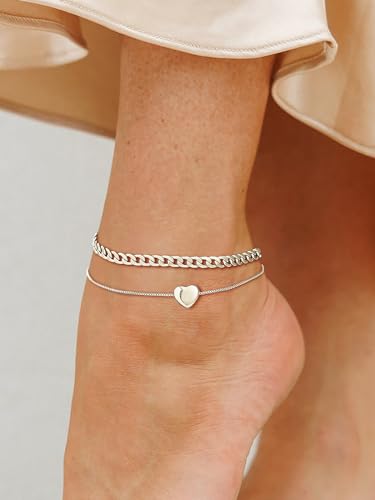 U7 2Pcs/3Pcs Ankle Bracelets for Women, Stainless Steel Cuban Link/Figaro/Rope/Heart Chain Anklets Sets,Waterproof Layered Anklets Adjustable 8.5"-10.5" - color: 02. 2Pcs Style B-Stainless Steel