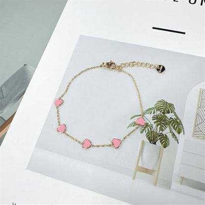 Cute Heart Charm Link Chain Bracelet for Women Dainty Stainless Steel Gold Plated Colorful Enamel Love Heart Adjustable Bracelets Fashion Jewelry for Bff Daughter Her - color: Pink
