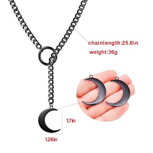 Slip Chain Choker for Women Handmade Black Stainless Steel Cuban Chain Chunky Moon Bat Raven Skull Pendant Gothic Punk Rock Collar Adjustable Lariat Y Necklace for Men - style: Moon