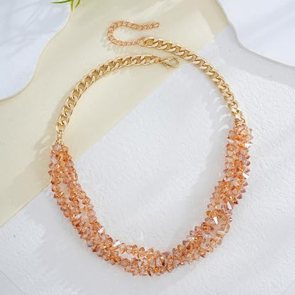 Crystal Statement Necklace with Gold Chain, Black and Clear Crystal Clusters, Chunky Curb Link Design, Fashion Jewelry for Women - color: Crystal yellow