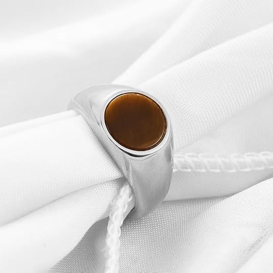 MYNENEY Stainless Steel Round Shape Classical Simple Plain Wedding Engagement Statement Pinky Band Signet Rings for Men Women Size 4-15 - color: Cat's eye-Silver