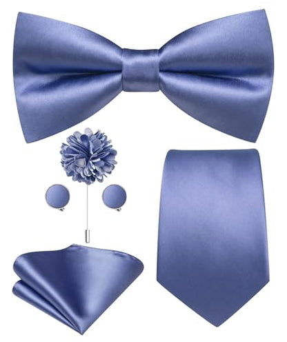 Hi-Tie 5Pcs Mens Solid Color Silk Tie Satin Pretied Bowtie Lapel Pin for Men Handkerchief Cufflink Wedding Gift Box - color: Dusty Blue