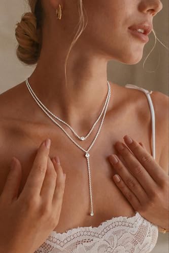 14K Gold Plated Layered Lariat Necklace for Women - Waterproof Non-Tarnish Dainty Gold Chain Necklace, Long Boho Statement Jewelry for Wedding, Prom, Summer Vacation Gifts - color: Layered CZ Y Necklace-Silver