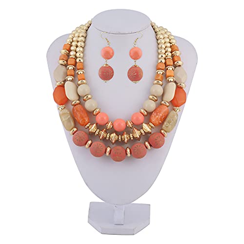 Bocar 3 Layer Chunky Statement Beaded Necklace and Earrings Set, Fashion Multi Layer Women Collar Necklace Jewelry Set - color: Coral Pink