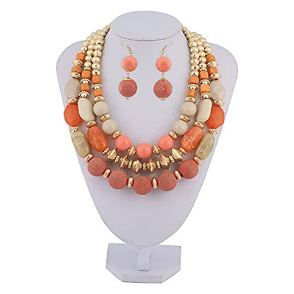 Bocar 3 Layer Chunky Statement Beaded Necklace and Earrings Set, Fashion Multi Layer Women Collar Necklace Jewelry Set - color: Coral Pink