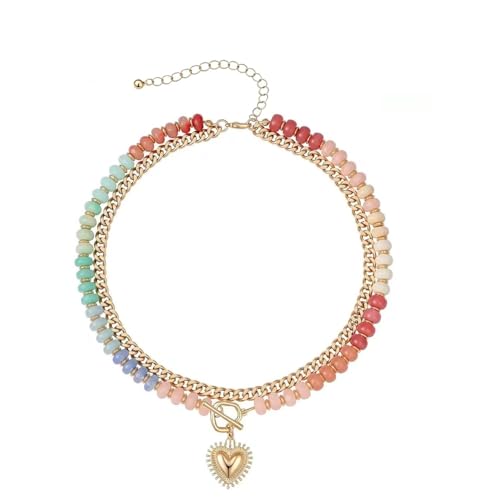 Layered Beaded Necklace for Women, Colorful Acrylic Rainbow Beads | Adjustable Chain & Heart Pendant, Lightweight Bead Necklace for Women, Waterproof Resin, Summer Handmade Jewelry Gift
