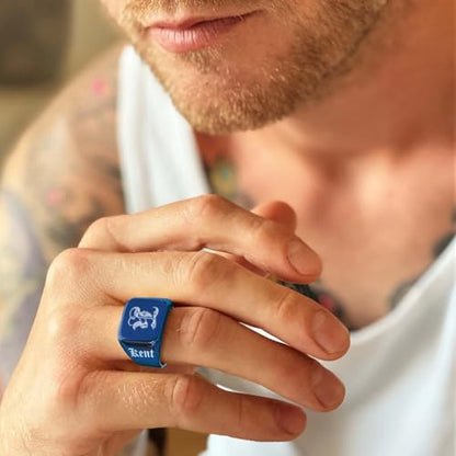 Custom Signet Ring for Men Personalized Initial Ring Custom Mens Rings Engraved Ring Customized Memorial Graduation Gifts for Father Husband Boyfriend Friends - color: Square Blue