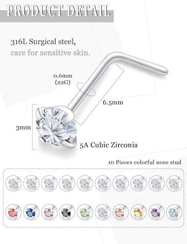 18G 20G 22G Round Cubic Zirconia Nose Rings Studs for Women Men 316L Stainless Surgical Steel Nose Ring Stud Piercing Jewelry Silver Clear CZ 1.5mm 2mm 3mm - style: 22G L Shaped Silver CZ 3 mm