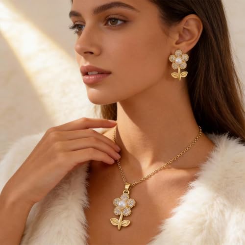 Wedding Jewelry Sets for Brides Bridesmaid Pearl Jewelry Set Fancy Gold Flower Necklace and Earrings Simple Pearl Necklace for Women Bridal Earrings Wedding Accessories Essentials Gifts - color: B1:2pcs flower jewelry set