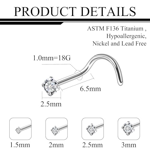 ASTM F136 Titanium Nose Rings 18G 20G 22G Clear Round Cubic Zirconia Nose Studs Ring Screw L-Shaped Bone Hypoallergenic Body Piercing Jewelry for Women 1.5mm 2mm 2.5mm 3mm 4PCS - style: Screw:18G(1.0mm)