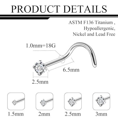 ASTM F136 Titanium Nose Rings 18G 20G 22G Clear Round Cubic Zirconia Nose Studs Ring Screw L-Shaped Bone Hypoallergenic Body Piercing Jewelry for Women 1.5mm 2mm 2.5mm 3mm 4PCS - style: Screw:18G(1.0mm)