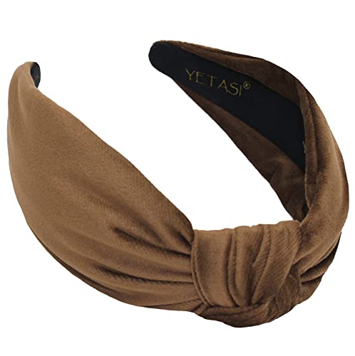 Women's Headbands: Brown Velvet Chic Knotted Top Knot, Trendy Fashion Designer Head Band - color: Brown