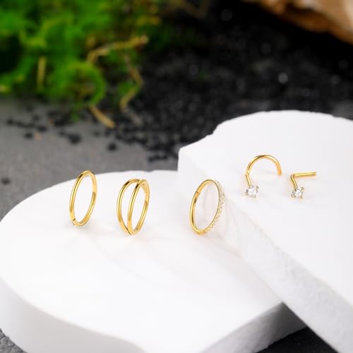 Xpircn 5pcs Hoop Nose Rings and L Shaped Nose Rings Stud Set 18G/20G Stainless Steel CZ Helix Conch Daith Tragus Cartilage Hoop Earrings for Women 6mm 7mm 8mm 10mm - color: Gold, size: 20G, 8mm hoop & 7mm studs