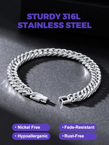 Richsteel Mens Cuban Link Bracelets, Silver/Black/14K Gold Plated Stainless Steel Bracelet for Men 8/12/17mm Width, 7.4/8.2/9 Inch Length Chain Wrist Bracelets With Gifts Box - style: 01-Steel 6mm Width