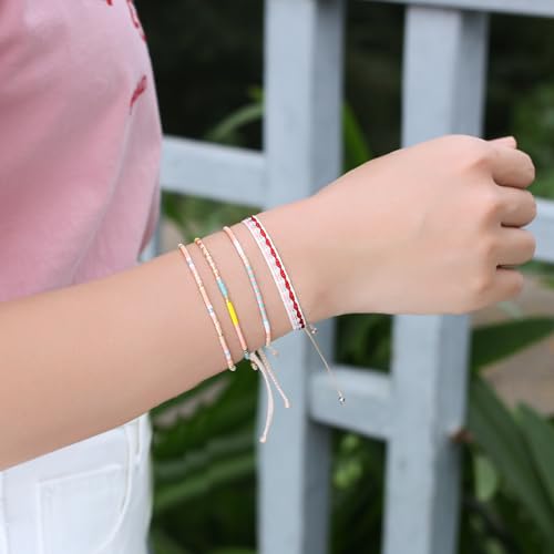 KELITCH Women Friendship Bracelet Seed Beads Miyuki Thin Strand Bracelets Adjustable Boho Jewelry - color: Beige 62L