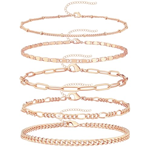 Gokeey Ankle Bracelets for Women Waterproof, 14k Gold Plated Jewelry Set Layered Cuban Figaro Link Chain Anklets Set Gold Anklets Summer Boho Beach Jewelry Gift Adjustable Size - color: Rose Gold