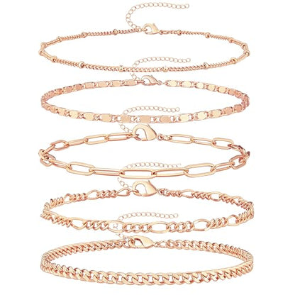 Gokeey Ankle Bracelets for Women Waterproof, 14k Gold Plated Jewelry Set Layered Cuban Figaro Link Chain Anklets Set Gold Anklets Summer Boho Beach Jewelry Gift Adjustable Size - color: Rose Gold