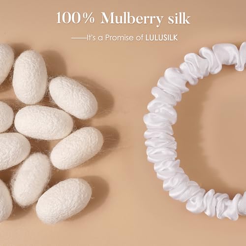 LULUSILK Small Silk Hair Ties No Damage, 100% Real Mulberry Silk, Skinny Scrunchies Ponytail Holders for Thin Fine Hair, White, Pack of 3 - color: White