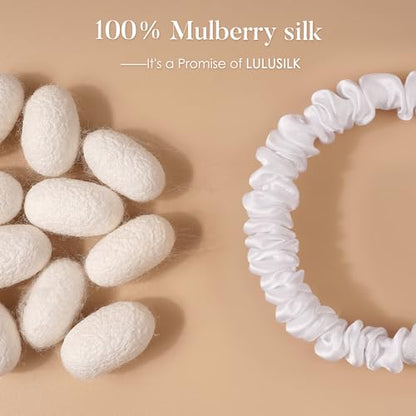 LULUSILK Small Silk Hair Ties No Damage, 100% Real Mulberry Silk, Skinny Scrunchies Ponytail Holders for Thin Fine Hair, White, Pack of 3 - color: White