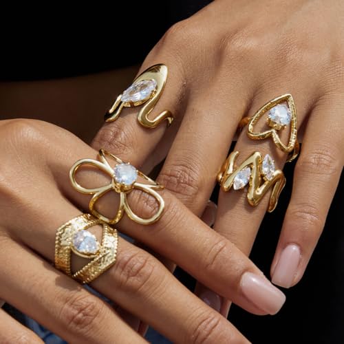 Gold-Plated Butterfly Ring with Dangling Chains and Cubic Zirconia, Adjustable Statement Ring,Cocktail Party Minimalist Ring for Women - style: Style C
