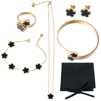 Lucky Flower Alloy Jewelry, Lucky Flower Design Necklace Earrings Bracelet Bangle Ring Jewelry Set, Clover Gold Plated Chain Wrap Ornament & Plush Pouch for Women - color: Black