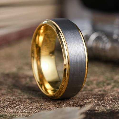 King Will Mens Brushed Wedding Band, Two Tone Matte Step Edges/Pipe Cut, Tungsten Carbide Anniversary Promise Rings Comfort Fit - color: Silver&Gold-8mm