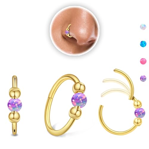 Thiswhyimbeauty 2PCS 18g Opal Nose Rings for Women Nose Hoops 8mm/10mm Hypoallergenic 316L Surgical Steel Nose Rings Piercing Jewelry Can Be Used as a Nose Ring, Septum Ring, and Cartilage Earring - color: A-Gold Purple opal