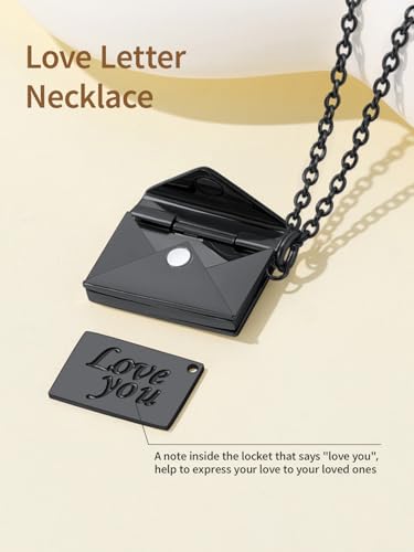 FindChic Locket Necklace for Women Custom Photo Memorial Gifts 4 Colors | Silver/Black/Rose Gold/Gold Plated Personalized for Loved Ones, Birthday Valentine's Day Keepsake - style: 07. Love Letter-Black