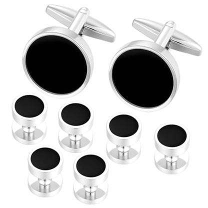 Cufflinks for Men and Tuxedo Shirt Studs Set with Gift Box Stainless Steel Cuff links - style: Silver/Black