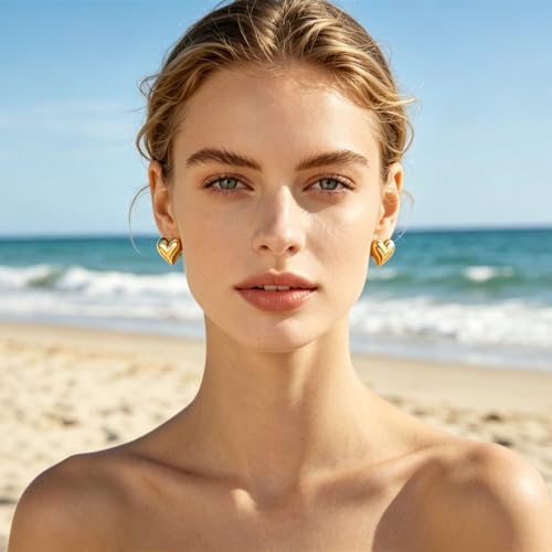 Gold Statement Earrings For Women, 14K Gold Plated Textured Geometric Drop Earrings - Hypoallergenic Stainless Steel Statement Earrings for Women, Waterproof Fan-Shaped Dangle Earrings for Beach & Daily Wear - color: Heart DKE252103GL