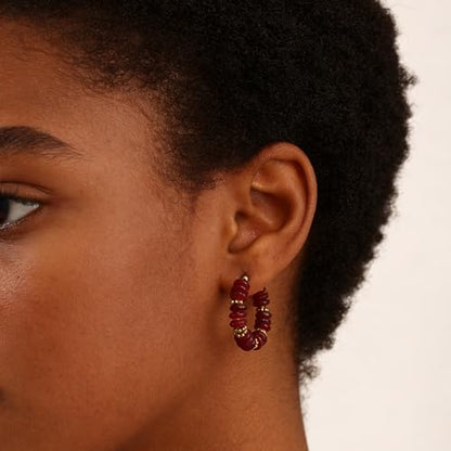 Wellike Beaded Hoop Earrings for Women Natural Stone Pink Gold Huggie Earrings Hypoallergenic Dainty Waterproof Trendy Jewelry - color: Burgundy, size: 30mm